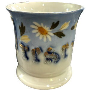 Antique German Gift "Present" Cup Mug Blue & White Gold Trim Floral Victorian